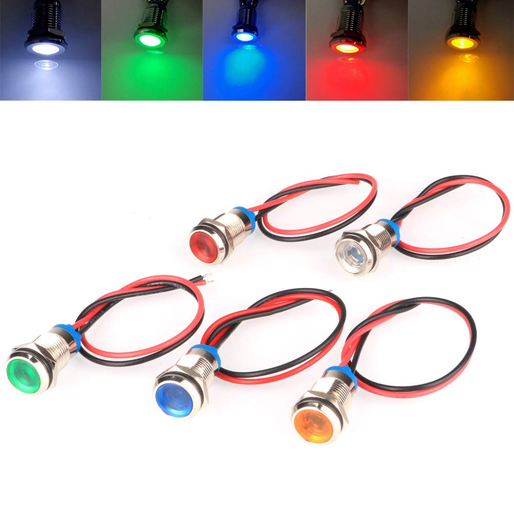 5pcs 10mm AC/DC 12-24V LED Metal Indicator Light Waterproof Signal Lamp Pilot Dash Directional Car Truck Boat with Wire