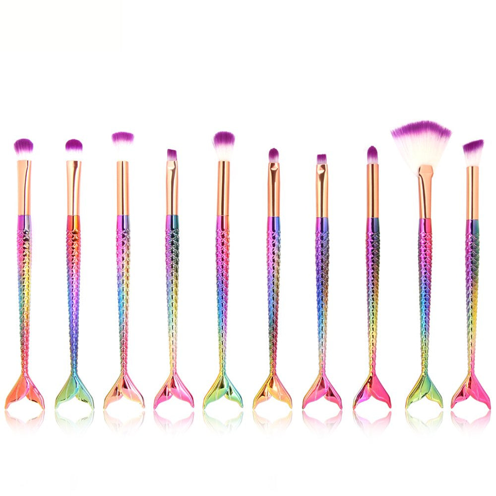 LHEI New 10 Pcs Mermaid Makeup Brush Set Professional Eye Makeup Brushes For Eyeshadow Concealer Eyeliner Brow Blending Brush Tool