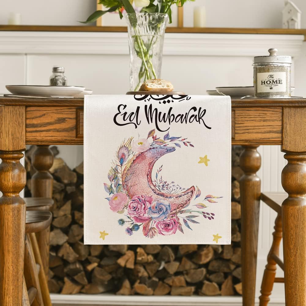Pink Moon Flowers Stars Ramadan Eid Table Runner, Seasonal Summer Holiday Kitchen Dining Table Runners for Home Party Decor 13 x 72 Inch