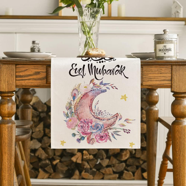 Pink Moon Flowers Stars Ramadan Eid Table Runner, Seasonal Summer Holiday Kitchen Dining Table Runners for Home Party Decor 13 x 72 Inch
