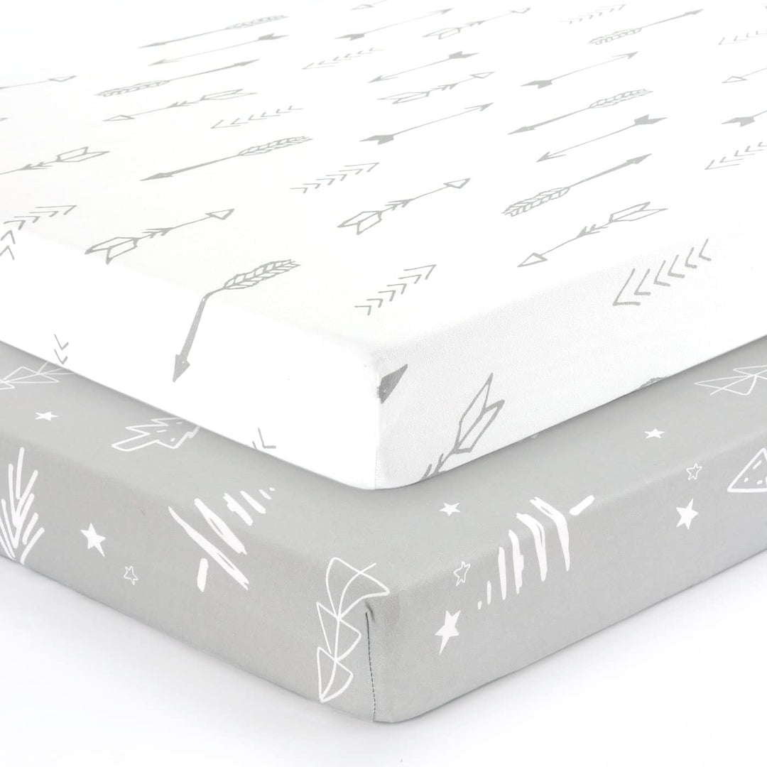 Stretchy Ultra Soft Jersey Knit Fitted Pack n Play Sheets Set 2 Pack, Portable/Mini Crib Sheets, Christmas Trees and Arrows for Girls and Boys