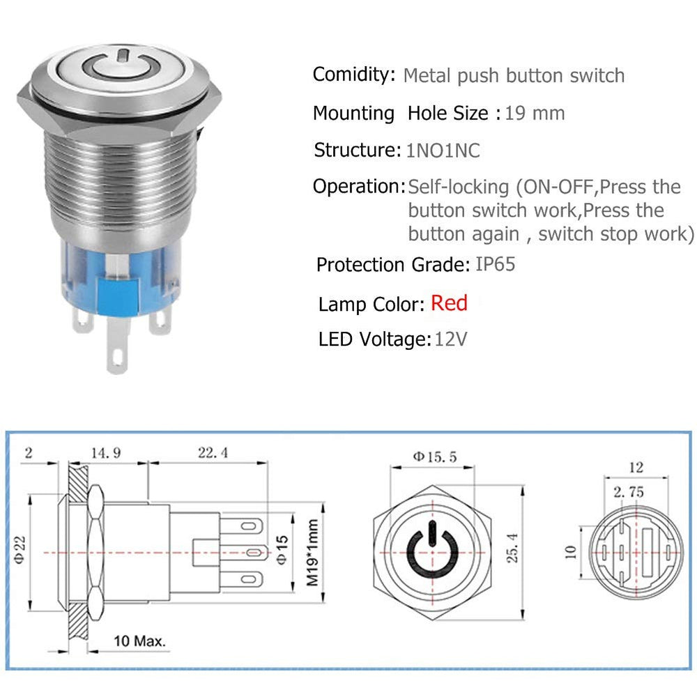 19mm 3/4 Latching Pushbutton Switch LED 12V DC 5A Power Symbol ON-OFF Waterproof Toggle Switch Stainless Steel Shell with Wire Connector Plug(Red light)