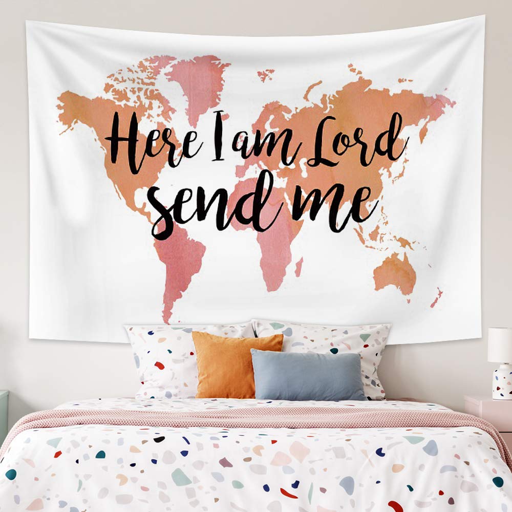 World Map Tapestry Wall Hanging Bible Verse Here I Am Lord Send Me Christian Psalm Quote Tapestries for Bedroom Living Room Dorm Decoration 59.1 Wx 39.4 H Inches