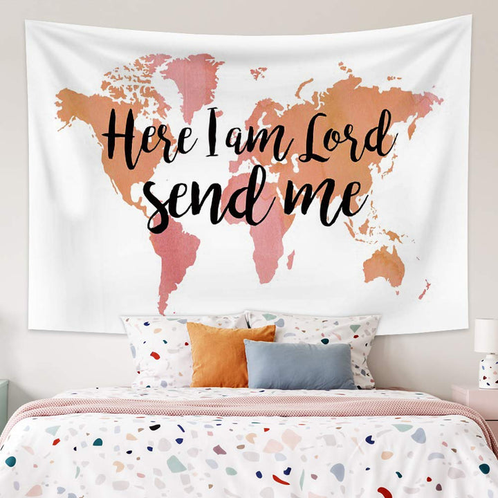 World Map Tapestry Wall Hanging Bible Verse Here I Am Lord Send Me Christian Psalm Quote Tapestries for Bedroom Living Room Dorm Decoration 59.1 Wx 39.4 H Inches