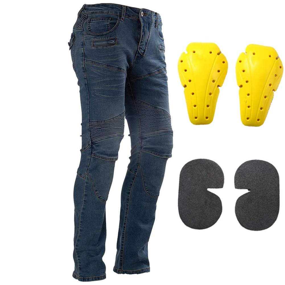 Motorcycle Riding Jeans Armor Racing Cycling Pants with 4 Knee Hip Protective Pads (XL=34, Blue)