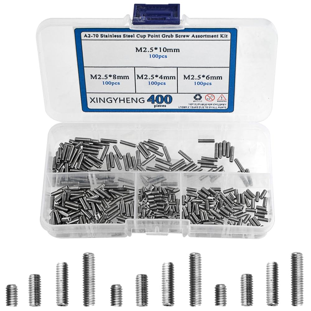 400pcs M2.5 x 4/6 / 8 / 10mm A2-70 Stainless Steel Cup Point Grub Screw Set Allen Head Hex Socket Screw Assortment Kit (DIN916 &amp; GB80)