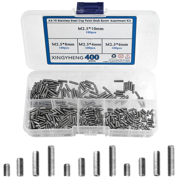 400pcs M2.5 x 4/6 / 8 / 10mm A2-70 Stainless Steel Cup Point Grub Screw Set Allen Head Hex Socket Screw Assortment Kit (DIN916 &amp; GB80)