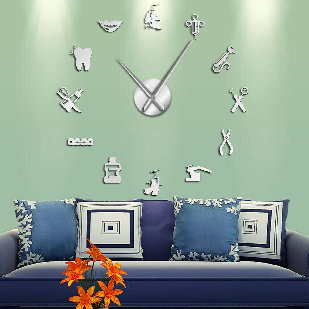 Dental Hospital Silent Wall Clock Dentist Frameless DIY Acrylic Mirror Wall Watch Tooth Modern Design Oversized Time Wall Clock (Silver)