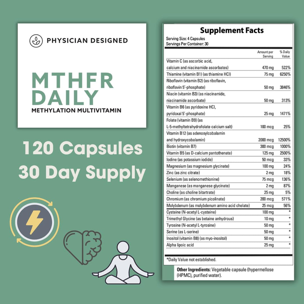 Physician Designed MTHFR Daily Multivitamin | Methylated Multivitamin for Men & Women | for Energy, Mood, & Heart | Vitamin B-Complex | 120 Capsules