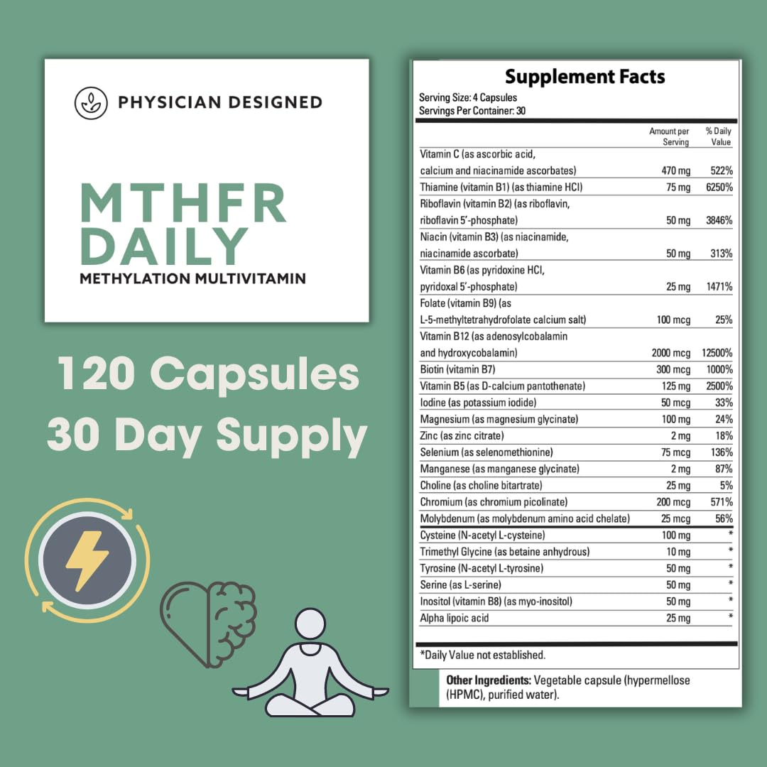 Physician Designed MTHFR Daily Multivitamin | Methylated Multivitamin for Men &amp; Women | for Energy, Mood, &amp; Heart | Vitamin B-Complex | 120 Capsules