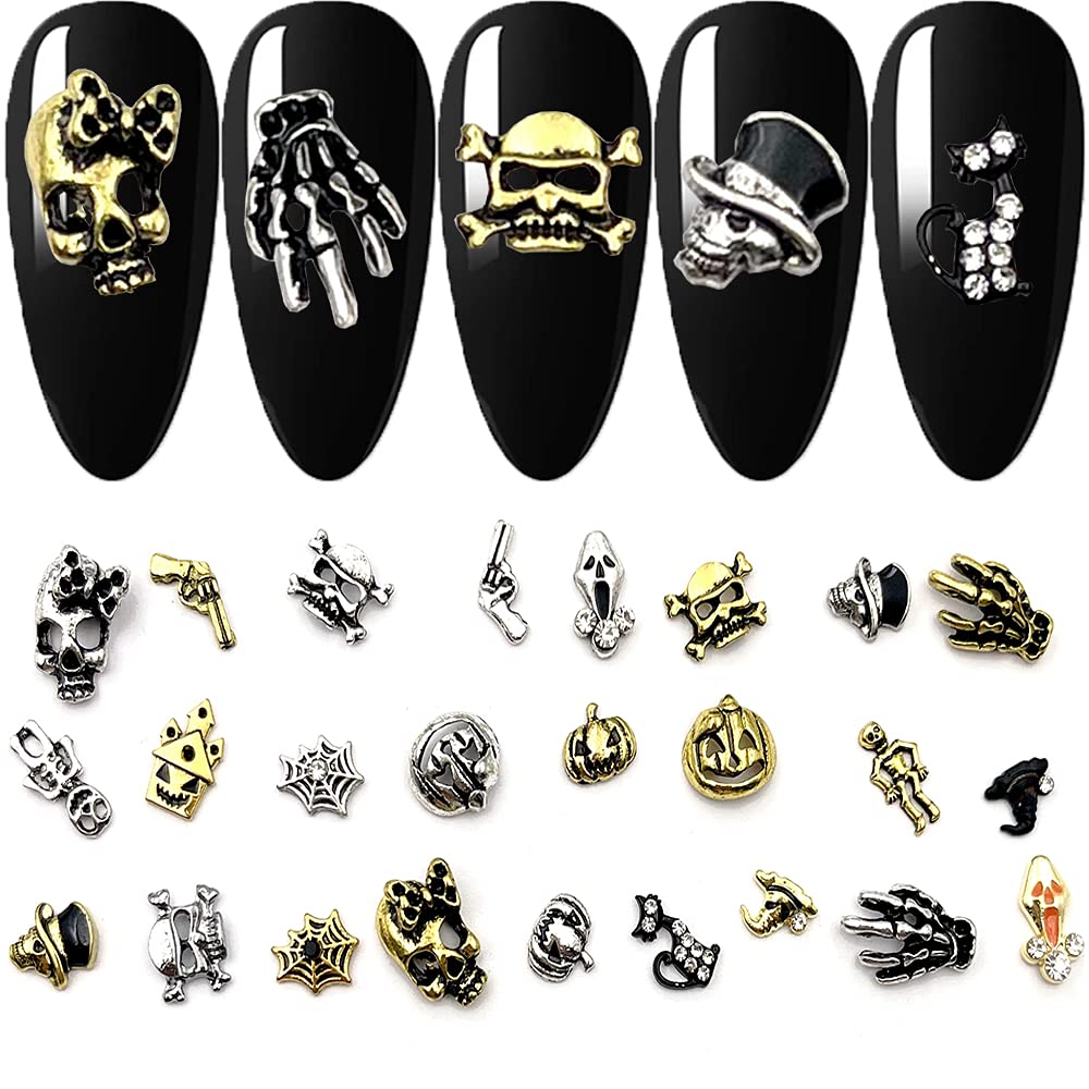 3D Nails Art Halloween Charm Decals Decoration 30Pcs Halloween Theme Element Metal Nail Studs Skull Hand Bone Cat Pumpkin Cobweb Gun Witch Hat etc.Design for DIY Nail Manicure Tips