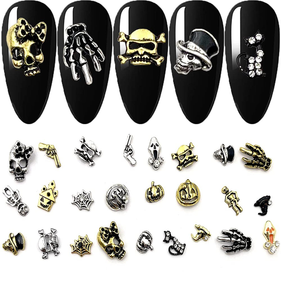 3D Nails Art Halloween Charm Decals Decoration 30Pcs Halloween Theme Element Metal Nail Studs Skull Hand Bone Cat Pumpkin Cobweb Gun Witch Hat etc.Design for DIY Nail Manicure Tips