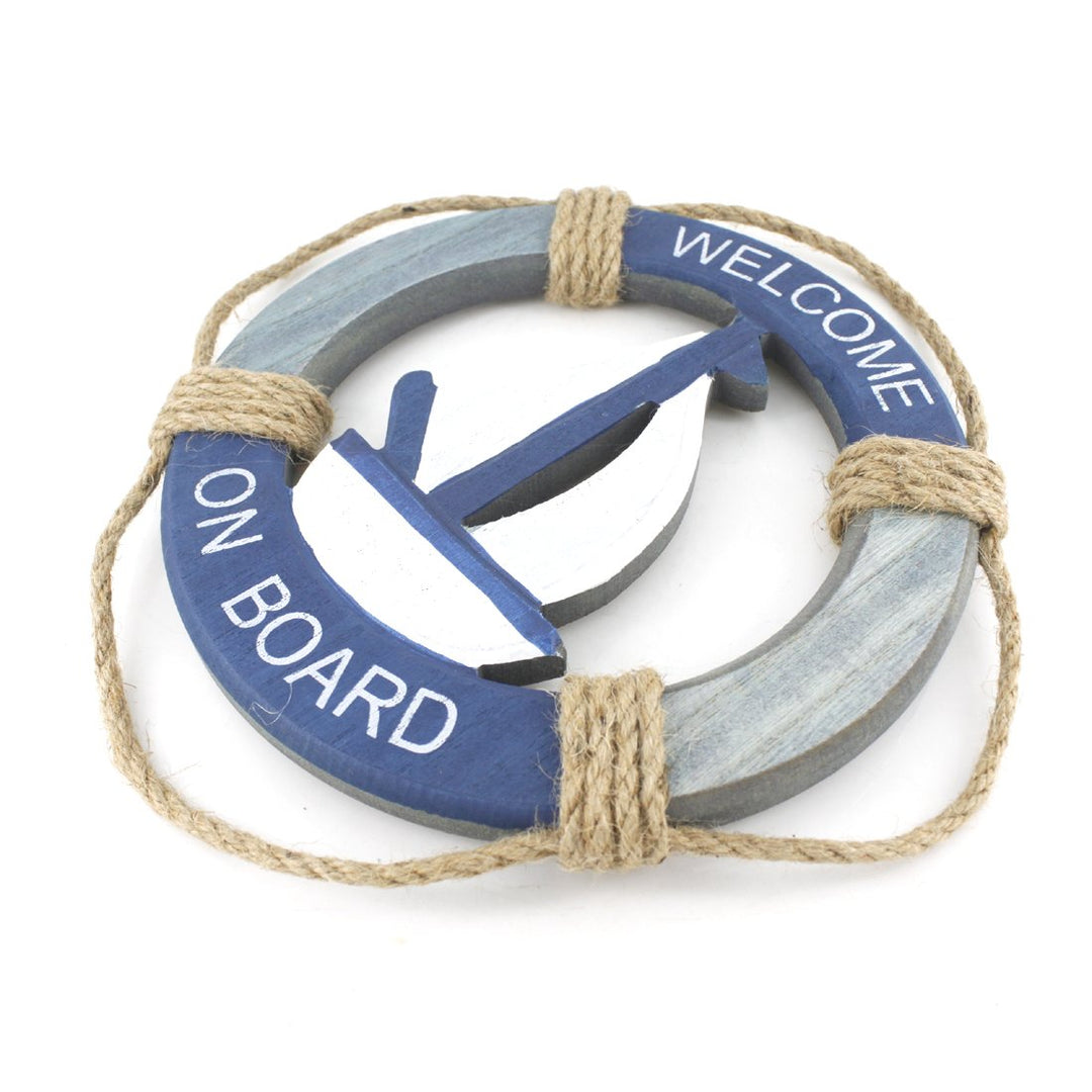 Wooden Nautical Life Ring Wall and Door Hanging Ornament Plaque,Welcome On Board,11.6x8 Welcome Sign (Antique Sailboat)