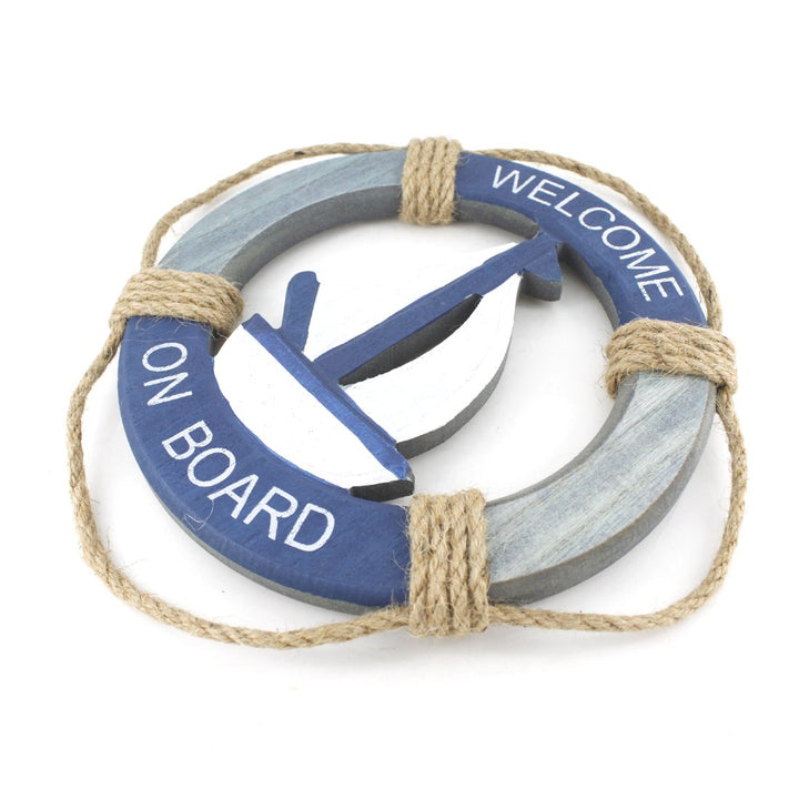 Wooden Nautical Life Ring Wall and Door Hanging Ornament Plaque,Welcome On Board,11.6x8 Welcome Sign (Antique Sailboat)