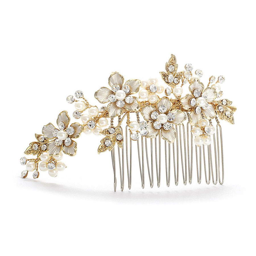 Handmade Brushed Gold and Ivory Pearl Wedding Comb - Crystal Jeweled Bridal Hair Accessory
