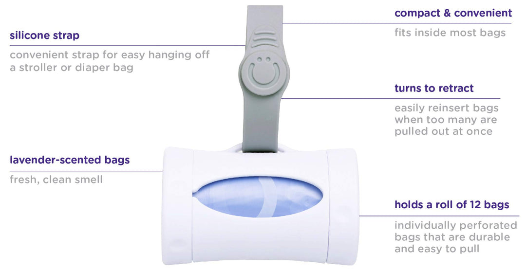 Retractable On the Go Bag Dispenser for Baby Travel, Diaper Bag Accessory Must Have for Newborn, Helpful Baby Item, Baby Gift, Lavender Scented, White