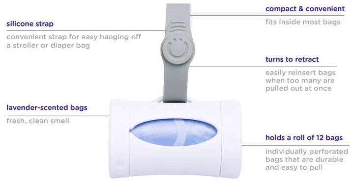 Retractable On the Go Bag Dispenser for Baby Travel, Diaper Bag Accessory Must Have for Newborn, Helpful Baby Item, Baby Gift, Lavender Scented, White