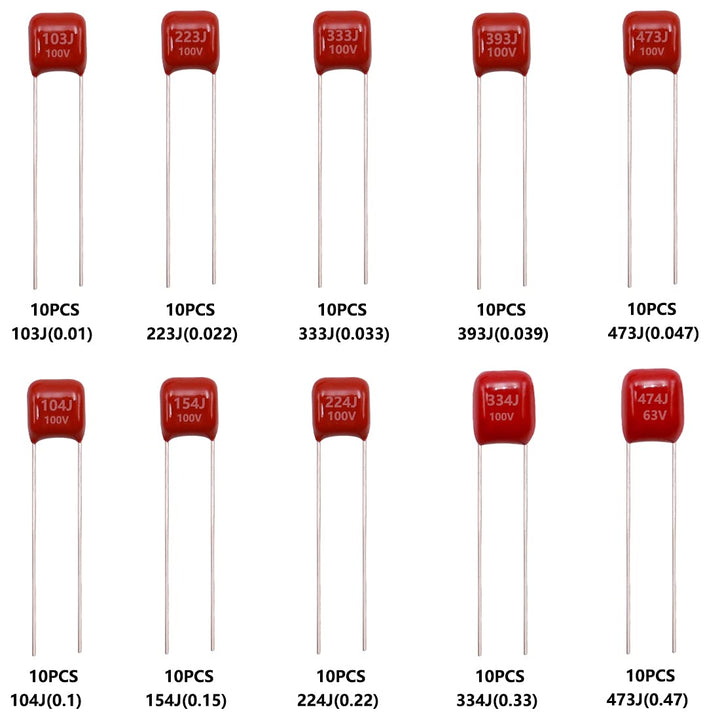 100 Pcs 10 Value Metalized Mylar Polyester Film Capacitors Assortment Kit 103nF - 474nF 100V and 63V in a Box Tn-20-5