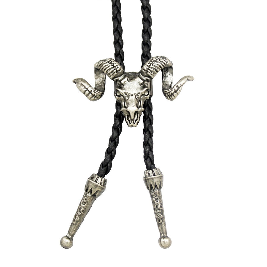 Vintage Silver Western Big Horn Sheep RAM Goat Skull Leather Rodeo Bolo Bola Tie Necktie