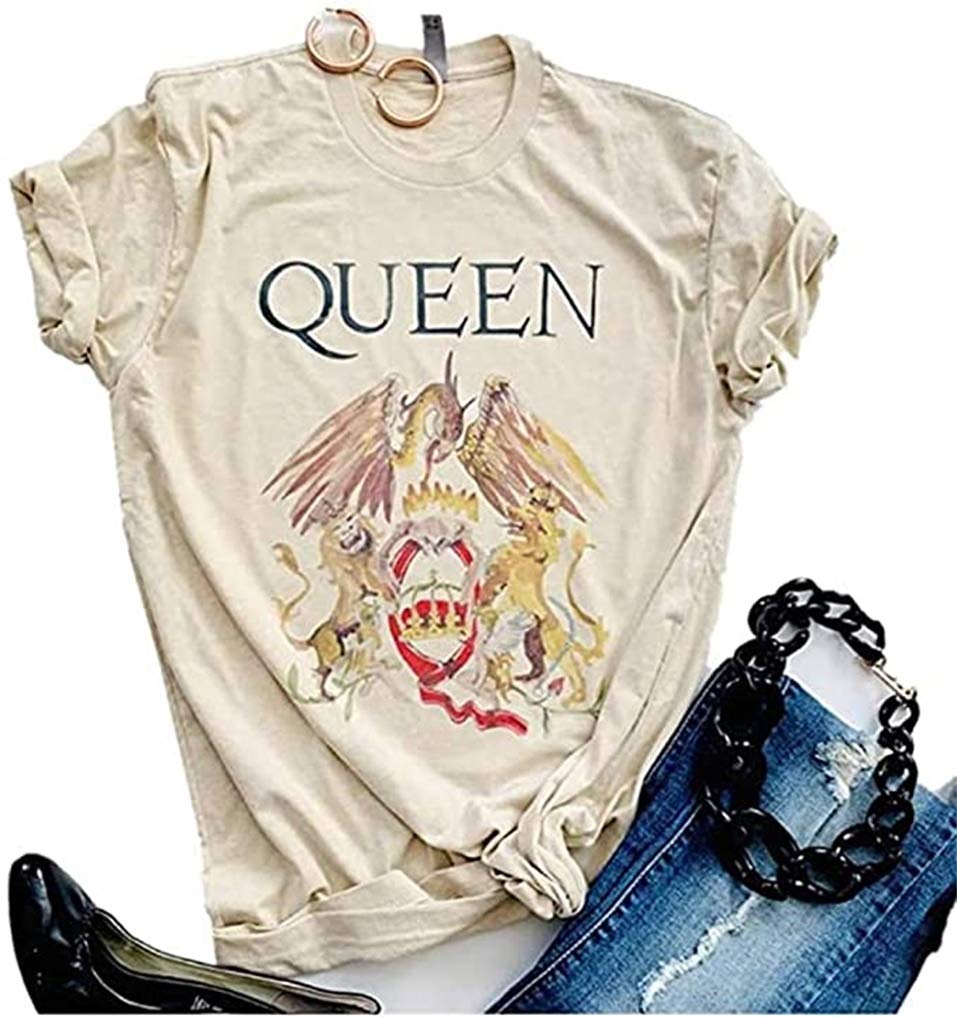 Womens Band Shirts Short Sleeve Vintage Graphic Tees Summer Casual Tops (Medium, Beige)