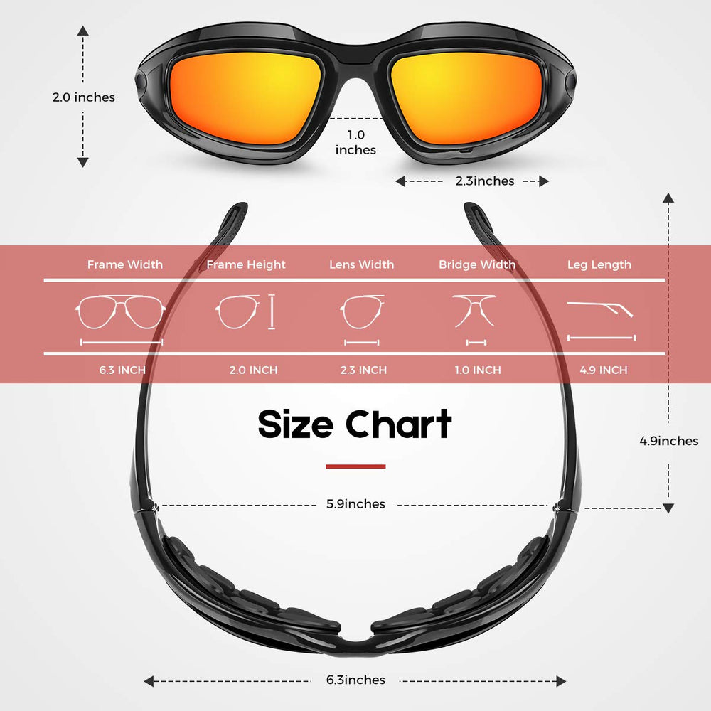 Polarized Motorcycle Riding Glasses Goggles for Men Foam Padding, Windproof Anti-dust Sunglasses w/ 4 Interchangeable Lens Kit & Case, Protective Eyewear for Driving Biking Day and Night