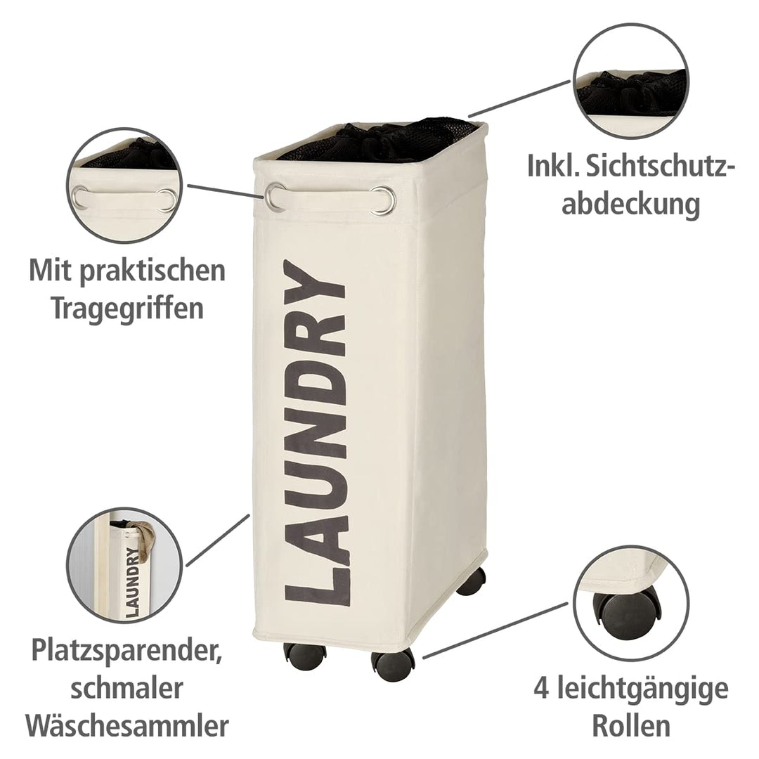 Beige Corno - Thin Laundry Hamper with Wheels - Small Space Laundry bin - Narrow Hamper, Laundry Collector, Laundry Basket with Wheels