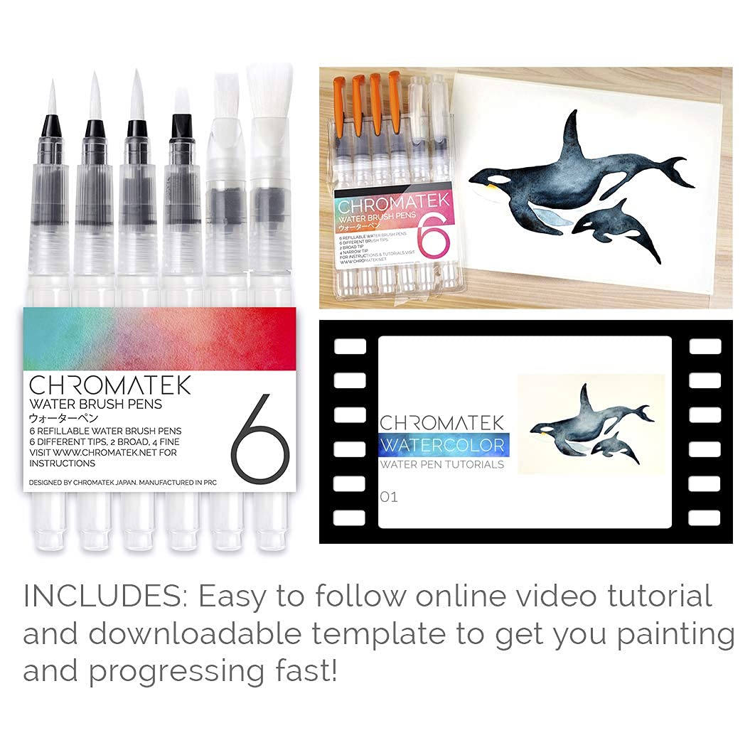 Water Brush Pens by Chromatek. Set of 6 Aqua Pen Painting Brushes. Including Online Video Tutorials and Downloadable Picture Templates. Ideal for All Water Soluble Pigment and Watercolor Media