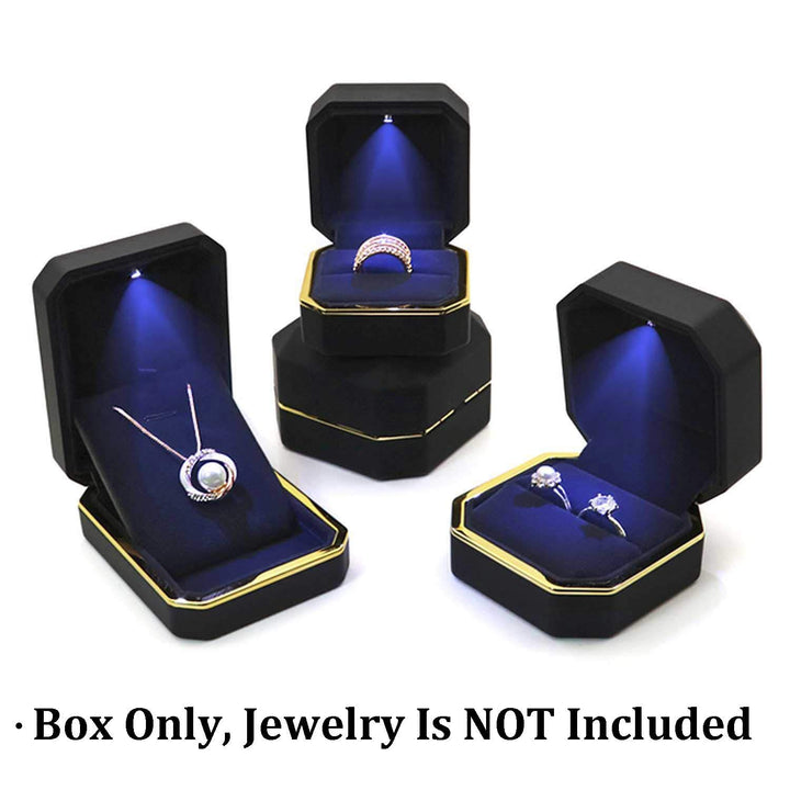 Luxury Ring Box, Square Velvet Wedding Ring Case Jewelry Gift Box with LED Light for Proposal Engagement Wedding, Black