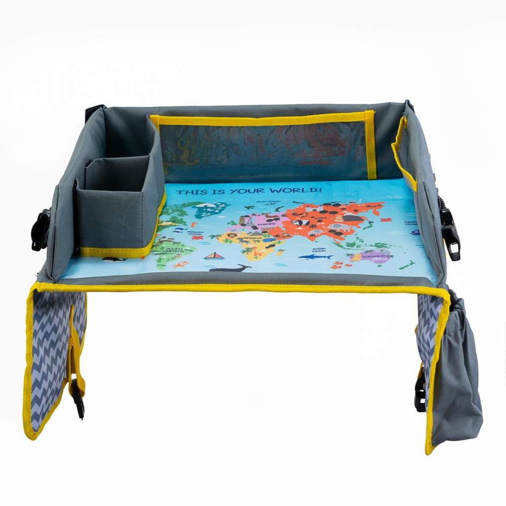 Kids Travel Tray - Car Seat Tray - Travel Lap Desk Accessory for Your Child's Rides and Flights - it's a Collapsible Organizer that Keeps Children Entertained Holding Their Toys (Yellow)