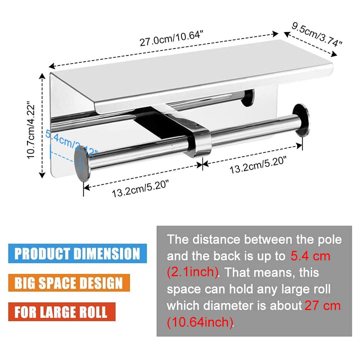 Double Toilet Paper Holder with Phone Shelf, 304 Stainless Steel Modern Bathroom Roll Tissue Holder Wall Mounted, Gold