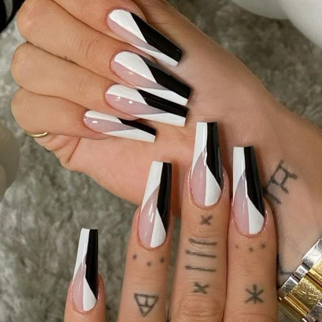 24Pcs Coffin Press on Nails Long Glossy Ballerina False Nails with Designs Black White Fake Nails Acrylic Nails Glue on Nails for Women and Girls