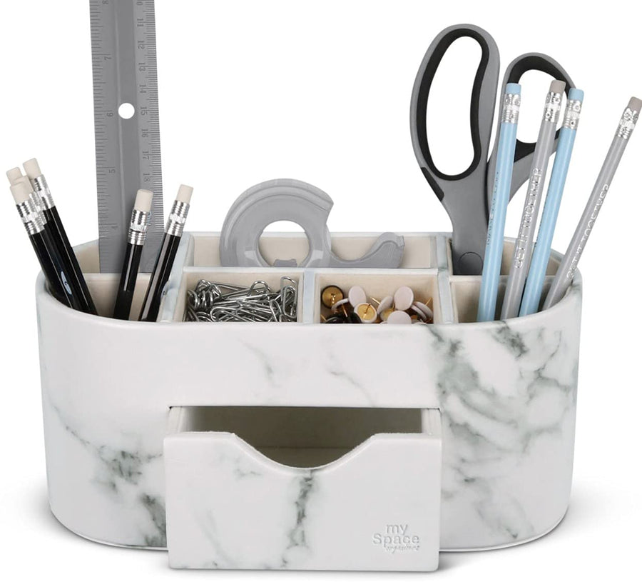 Marble Desk Organizer For Office Supplies Desk Accessories - Pencil Pen Holder Decor - Home School College Organization Desktop Caddy - Faux Leather