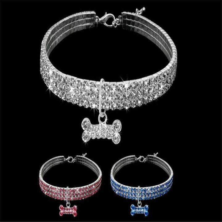Amazing 3 Rows Rhinestones Necklace Pet Cat Dog Collar Bling Rhinestone Bone Jewelry Party Wedding Accessories,White,M:10-12 Neck
