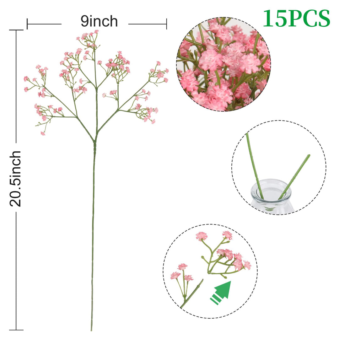 15 PCS Babys Breath Artificial Flowers Fake Babys Breath Flowers Artificial Bulk Pink Gypsophila Bouquets Real Touch Faux Flowers for Wedding Floral Arrangement Party Home Decoration