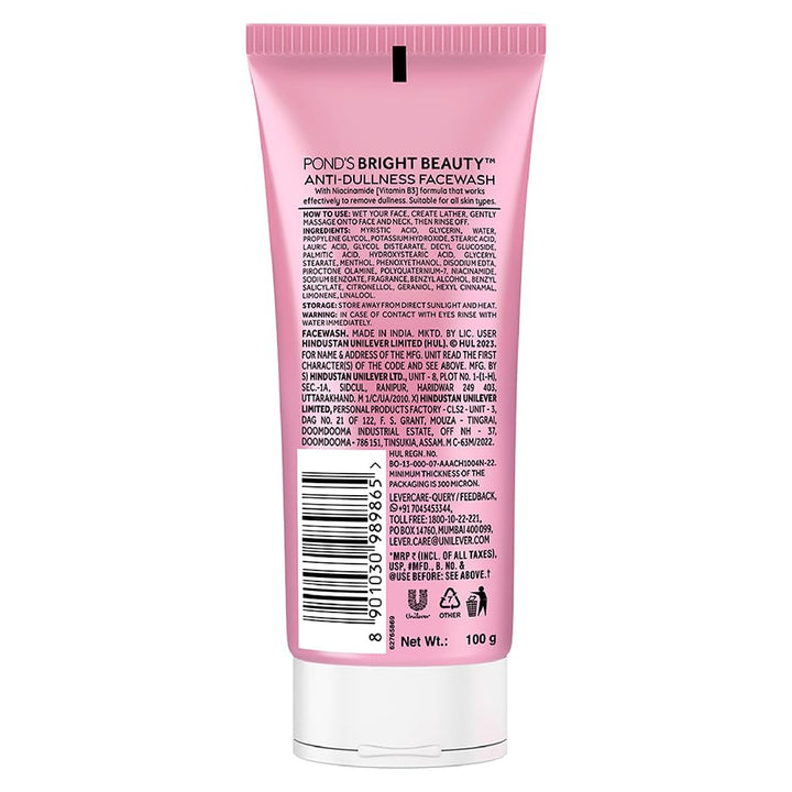 POND's Bright Beauty Anti-Dullness & Brightening Facewash With Niacinamide | For Glass-Skin Like Shine And With 4X Visibly Brighter Skin, 100Gm