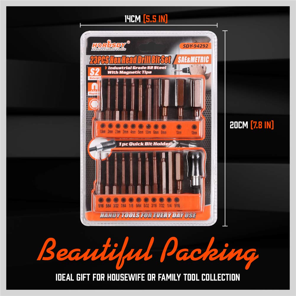 23-Piece Hex Head Allen Wrench Drill Bit Set, S2 Steel, Metric &amp; SAE Hex Bit Set, 2.3 Long