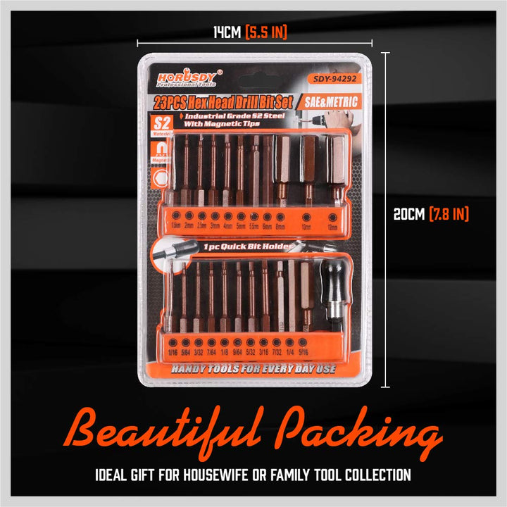 23-Piece Hex Head Allen Wrench Drill Bit Set, S2 Steel, Metric &amp; SAE Hex Bit Set, 2.3 Long