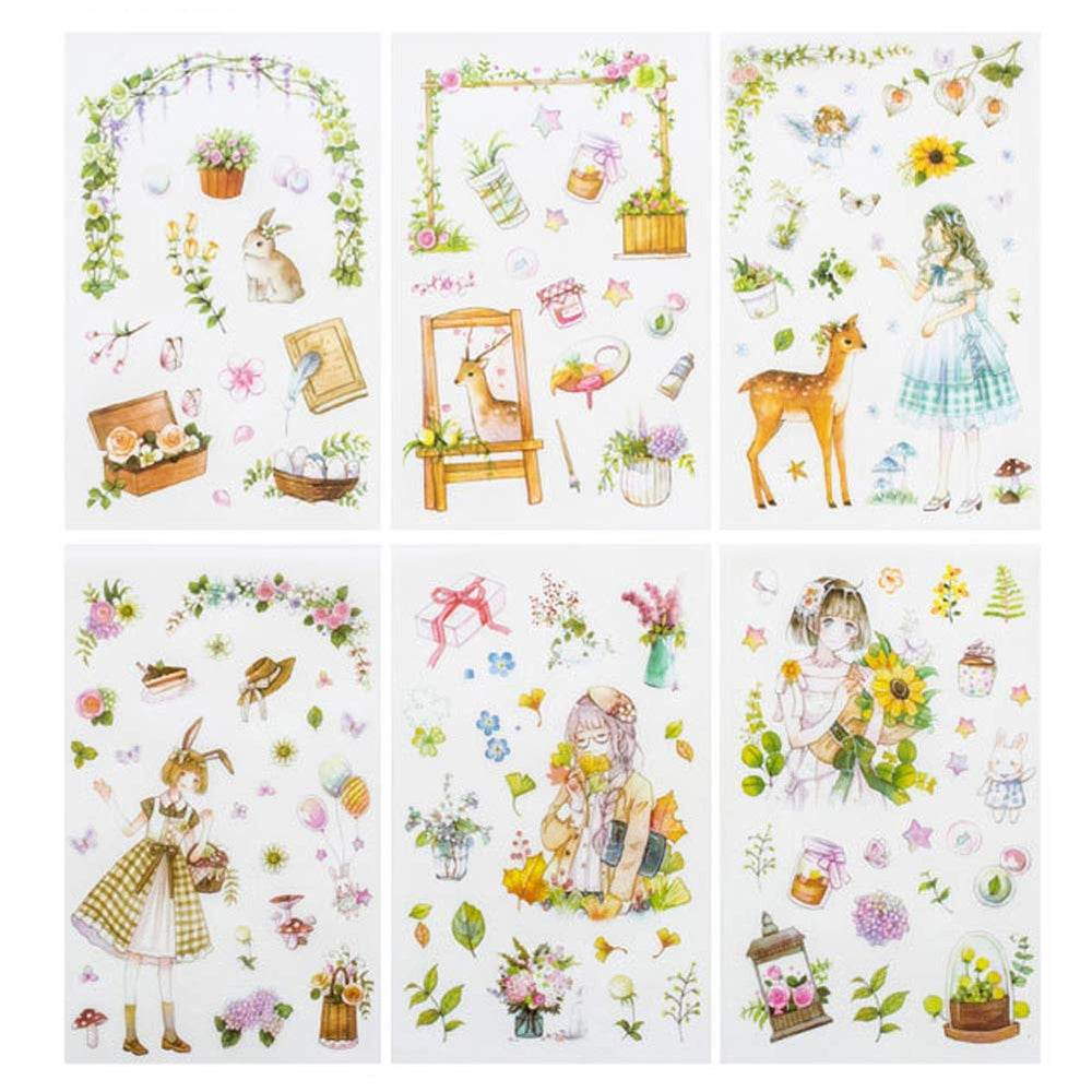 Kawaii Gardening Fairy Girl Floral Sticker Set Cute Animal Rabbit Deer Stationery Stickers Diary Book DIY Craft Arts Scrapbooking Travel Journal Planner Decorative Label Art Journaling Supplies