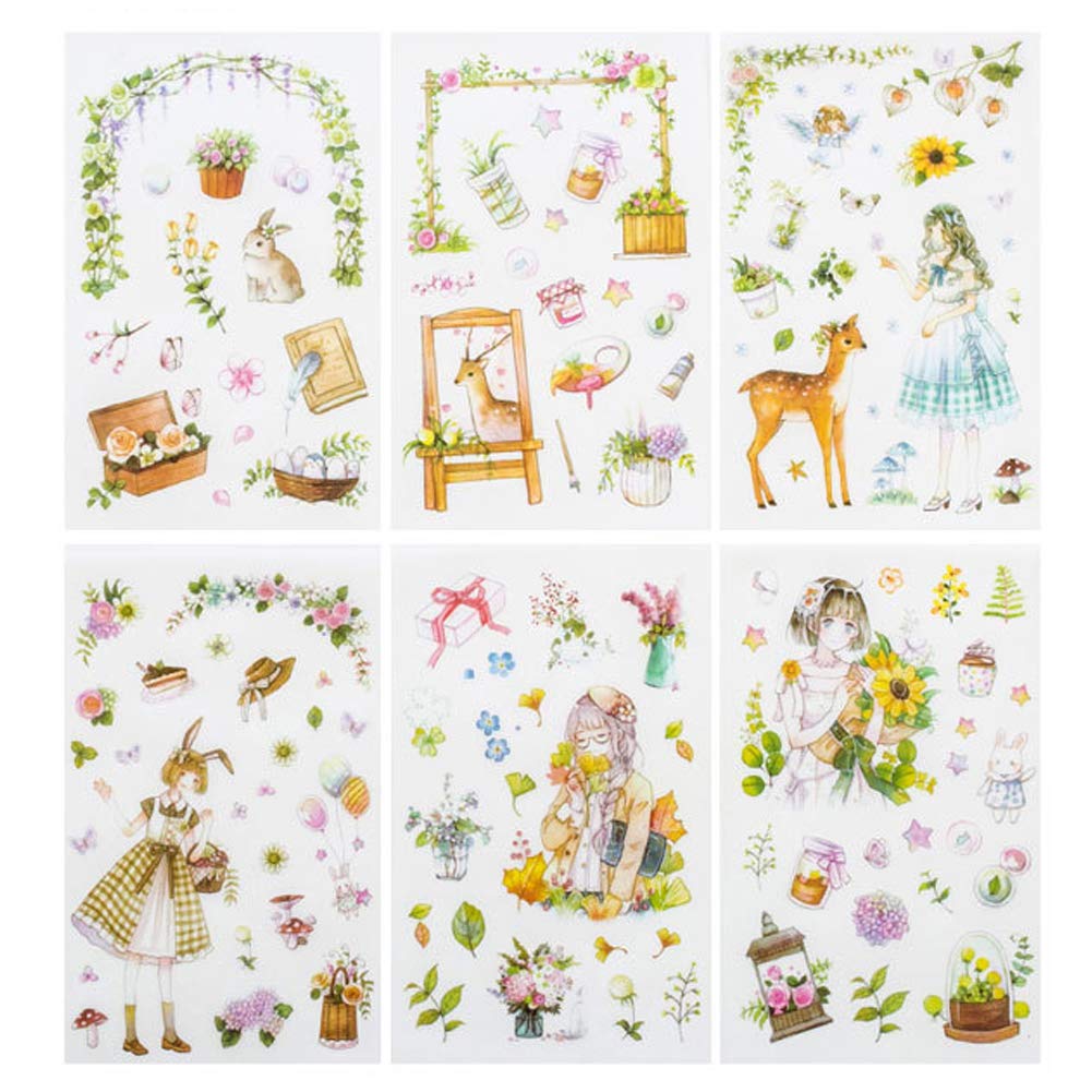 Kawaii Gardening Fairy Girl Floral Sticker Set Cute Animal Rabbit Deer Stationery Stickers Diary Book DIY Craft Arts Scrapbooking Travel Journal Planner Decorative Label Art Journaling Supplies