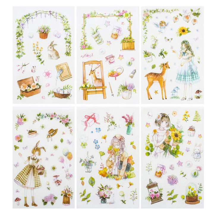 Kawaii Gardening Fairy Girl Floral Sticker Set Cute Animal Rabbit Deer Stationery Stickers Diary Book DIY Craft Arts Scrapbooking Travel Journal Planner Decorative Label Art Journaling Supplies