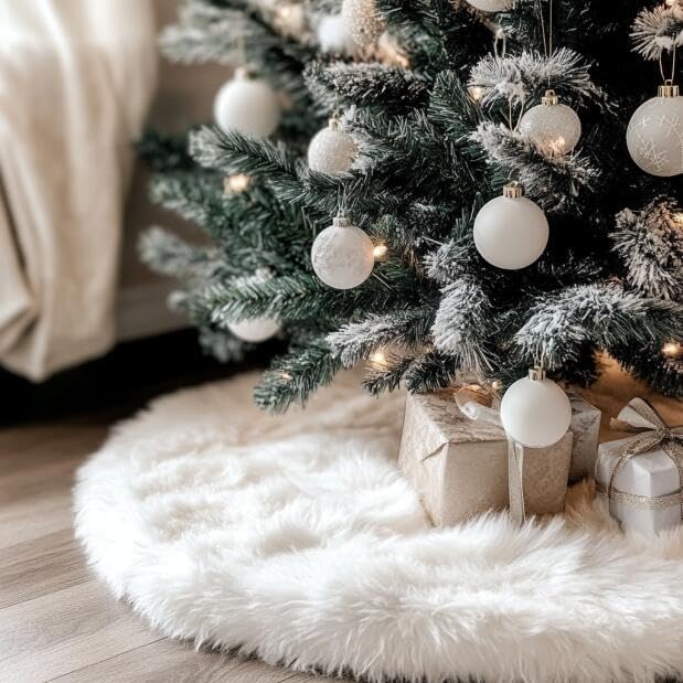 AOGU 48 Inch Faux Fur Christmas Tree Skirt White Plush 