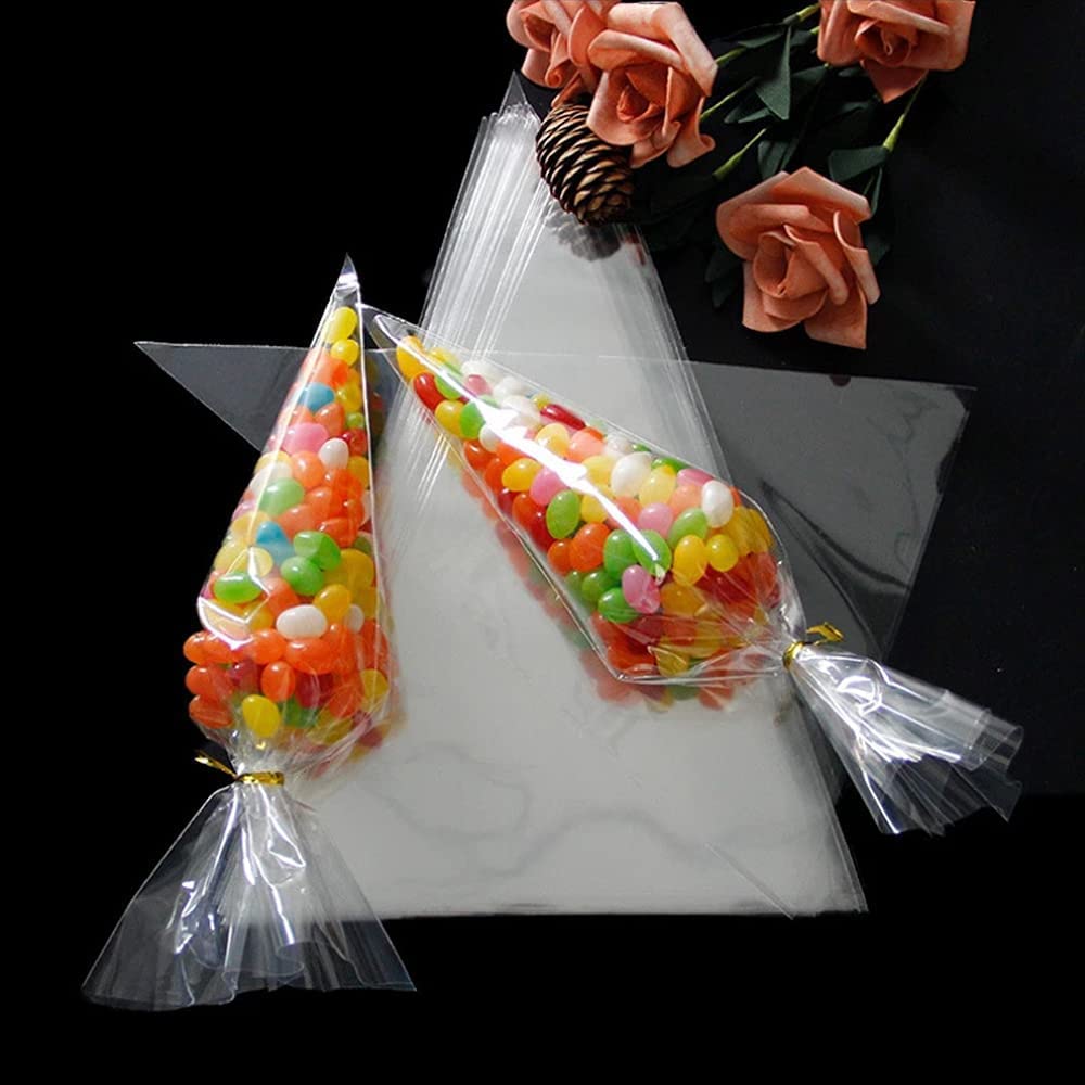 MAOUYWIEE 100 Pieces Popcorn Bags for Party Cone Shape Bags Transparent Cello Bags Sweet Clear Treat Bags with 100 Pieces Twist Ties, 9.8 x 5.1 Inch (Gold Twist Ties)