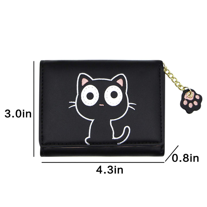 Cute Cat Girls Wallet for Teens Kids Women Slim Tri-Fold Wallet Purse Card Holder Organizer With Paw Pendant