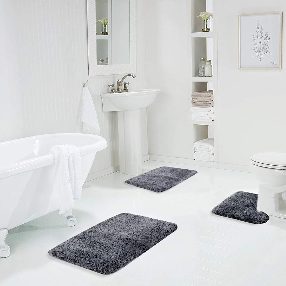Shaggy 2 Piece Bath Rug Sets (Dark Grey) 20 x 24 U Shape Contour Rug &amp; 20 x 32 Bathroom Rug Machine Wash/Dry Bath Mats for Bathroom Plush Absorbent Bathroom Rugs and Mats Set Non Slip