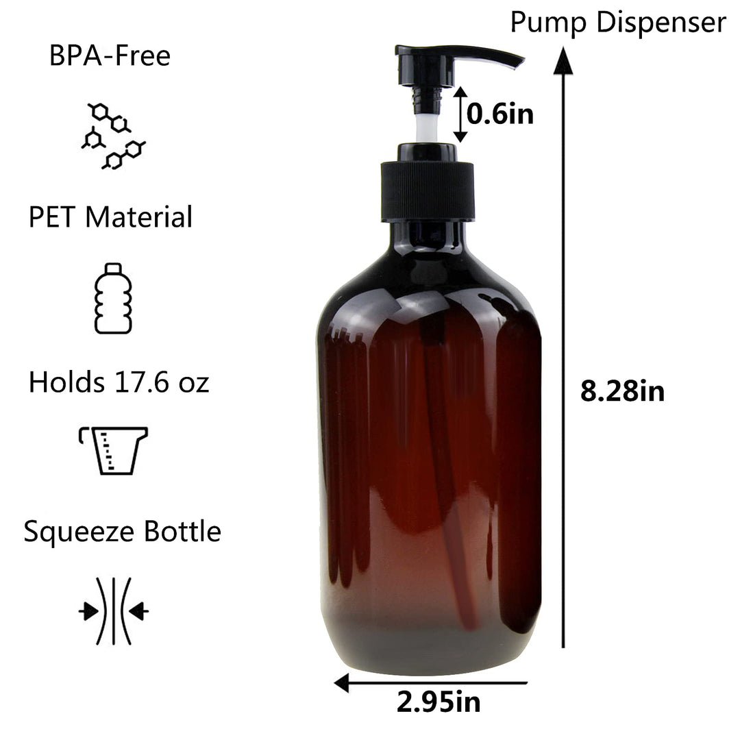 Empty Plastic Bottles with Pump Dispenser and Labels Included, Refillable Travel Containers for Hand sanitizer Shampoo Lotion, etc - BPA/Paraben Free, 500ml/16.9oz (Amber, 3 Pack)