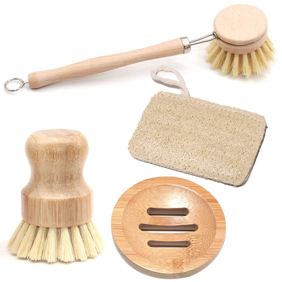 Natural Kitchen Cleaning Brush Set, 4 Pieces, Long Wood