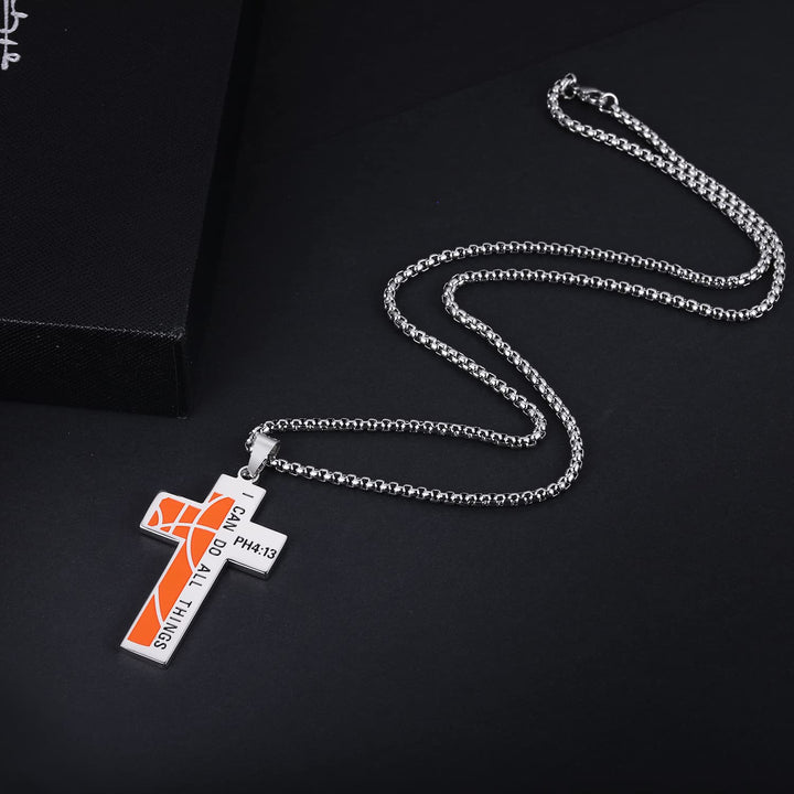 Basketball Cross Necklace for Men Bible Verse I CAN DO All Things Stainless Steel Sport Pendant for Men(Silver)