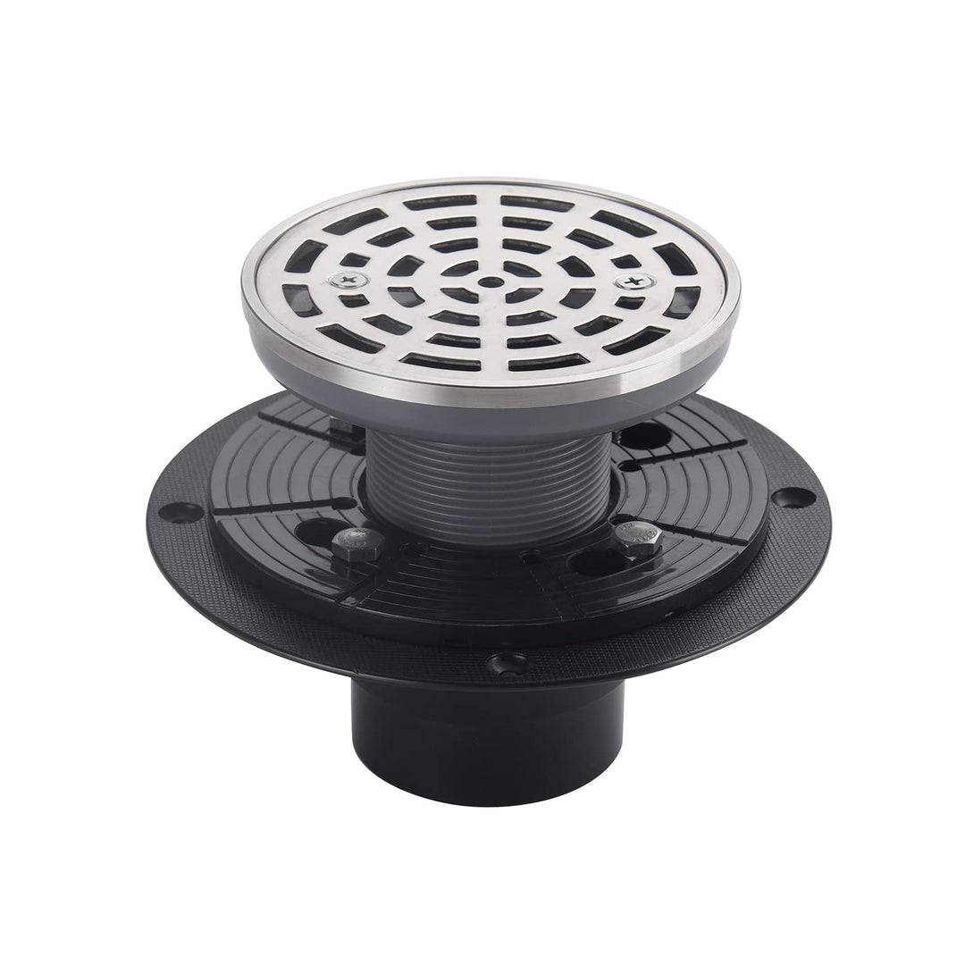 4 1/4 Shower Drain Round Brushed Nickel, Removable Grille Strainer Screws in Drain Cover, Base with Adjustable Drain Flange Kit PVC, SUS304 Stainless Steel
