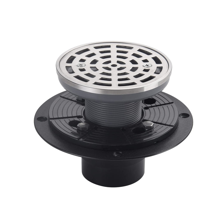 4 1/4 Shower Drain Round Brushed Nickel, Removable Grille Strainer Screws in Drain Cover, Base with Adjustable Drain Flange Kit PVC, SUS304 Stainless Steel