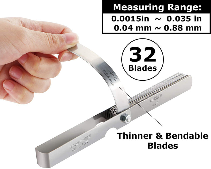 Spurtar 32 Blades Feeler Gauges 0.0015-0.035'' (0.04-0.88 mm) Stainless Steel Feeler Gauge Set SAE/Metric Feeler Gauge for Measuring Gap Width and Thickness for Guitar, Spark Plug, Piston Measure